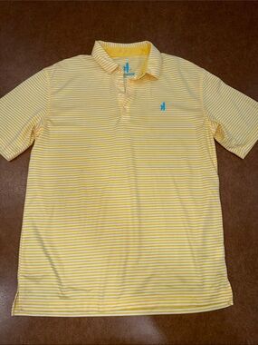 johnnie-O Yellow and White Striped Polo with Blue Logo • See ALL Photos • Med
